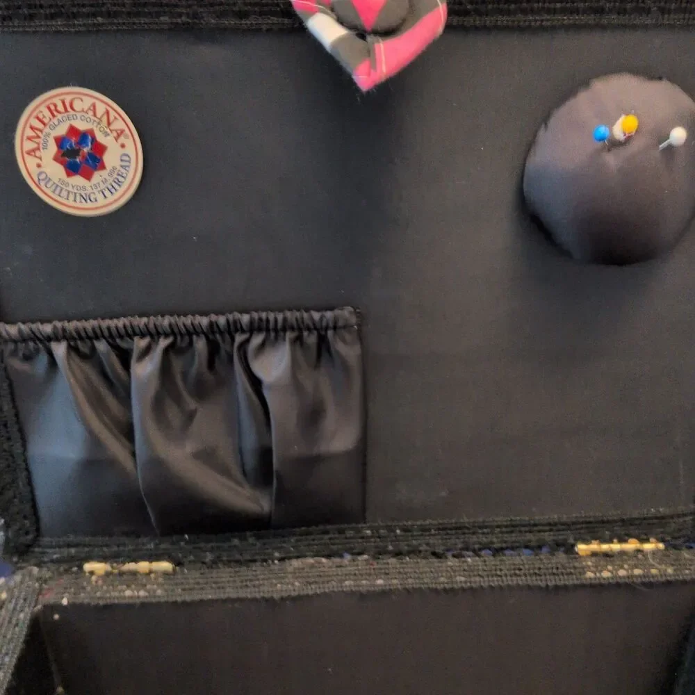 Caboodles Fabric Sewing Basket Case Pink Black Chevron Organiser Vintage Style